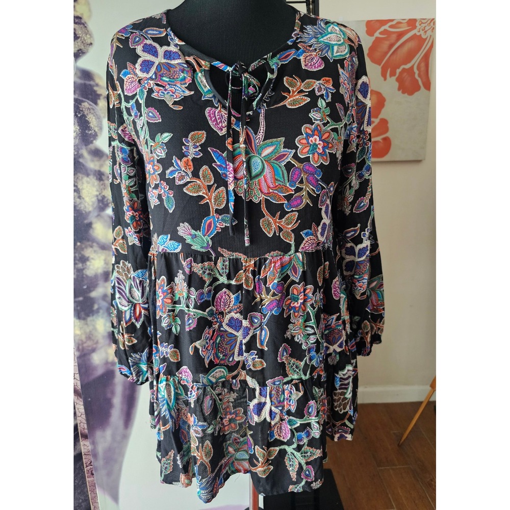 Rachel Zoe Floral‎ Print Tiered Long Sleeve Blouse Top Size S Sheer